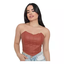 Cropped Corselet Tomara Que Caia Feminino Tecido Couro Fake