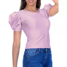 B171 Blusa Strech Satinada Manga Aglobada Cuello Redondo