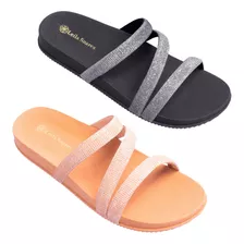 Kit 2 Pares Sandália Feminina Birken Papete Tiras Brilhante