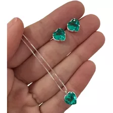 Conjunto Colar E Brinco De Prata 925 Coração Verde Turmalina