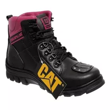 Bota Cat Motoqueiro Feminina Rosa E Preto Em Couro Legitimo