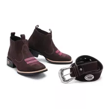 Kit Bota Texana Couro Bico Quadrado Feminina + Cinto Country