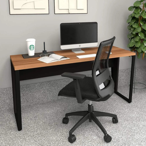 Escrivaninha Industrial 150cm Pés Metal Escritório Mdp Nogal Com Preto