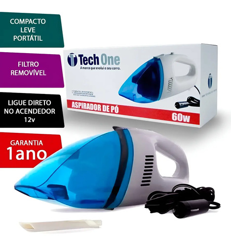 Tech One 2725 Mini Aspirador De Pó Automotivo Portátil Carro Tomada 60w Liga Acendedor Branco Branco/azul 12v