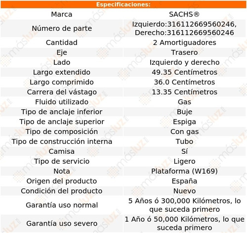 (2) Amortiguadores Gas Traseros Mercedes-benz A190 05 Sachs Foto 2