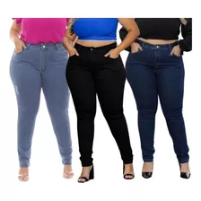 Kit 3 Calça Jeans Feminina Skinny Cintura Alta Plus Size