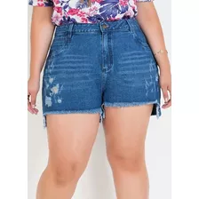 Short Jeans Escuro Destroyed Plus Size