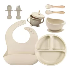 Kit 8 Alimentação Bebê Silicone Prato Talher Copo Babador