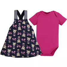 Conjunto Body E Jardineira Ursinha Verão Bebê Menina Kyly