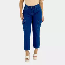 Calça Jeans Feminina Cargo Wide Leg Soltinha Bamborra