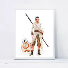 Quadro Infantil 33x43 Star Wars Aquarela Rey E Bb-8