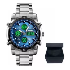 Relógio Masculino Skmei Dual Time Em Aço Luxo Cor Da Correia Prata Com Azul Cor Do Bisel Preto Cor Do Fundo Preto