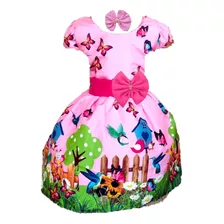 Vestido Infantil Jardim Encantado Pássaros Flor Luxo +brinde