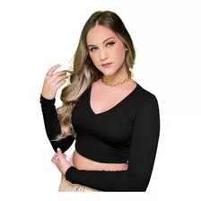 Blusa Cropped Decote V Manga Comprida Várias Cores