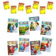 100 Livrinhos Bíblico Colorir Infantil + 100 Cx Giz De Cera 