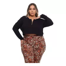 Cropped Decote Com Zíper Plus Size Manga Longa Promoção