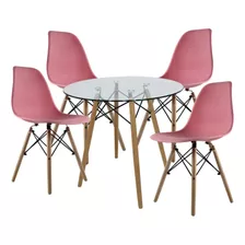 Set Comedor Mundo In Cristal 4 Sillas Eames Redondo 80cm Color Rosa Diseño De La Tela De Las Sillas Liso