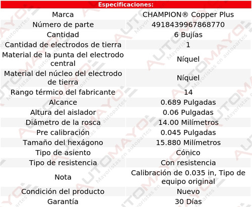 Kit 6 Bujas Cobre Champion Bobcat 2.8l 6 Cil 77-79 Foto 2