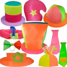 Combo 10 Gorros Tela Fluo Cotillon Sombrero Corbata Moño 