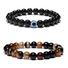 Pulseira Masculina De Bolinha Olho De Tigre Conjunto 2 Peças Comprimento 20 Cm Diâmetro 20 Cm