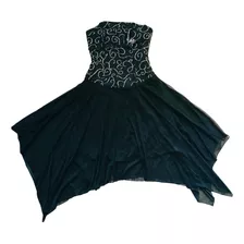 Vestido Negro Aplicaciones Brillantes Elegante Fiesta Noche