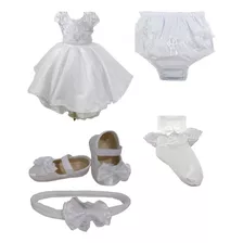 Kit 5 Peças Roupa De Batizado Menina Vestido Bebe Com Sapato