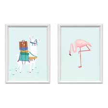 Kit 2 Quadro Decorativo Lhama E Flamingo 34x44cm C/ Moldura Cor Colorido Cor Da Armação Branco