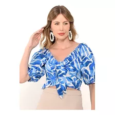 Blusa Bisô Amarração Croped Estampada Verão Floral Azul