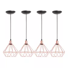 4 Pendente Diamante Lustre Luminária Rose Gold Cabo 2 Metros