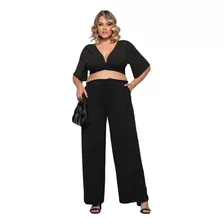 Calça E Cropped Conjunto Plus Size De Amarrar Elástico Duna