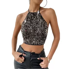 Blusa Top Corto Halter Lentejuelas Y Nudo En Cintura Fiesta