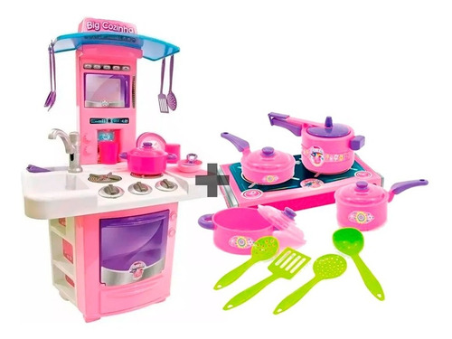 Cozinha Infantil Completa Rosa Com Pia Fogão Forno Sai Água