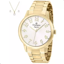Relógio Champion Feminino Cn29409d + Colar E Brincos Cor Da Correia Dourado Cor Do Bisel Dourado Cor Do Fundo Branco 3