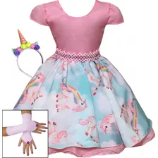 Vestido Unicórnio Rosa Cute Festa Infantil Com Luvas Tiara