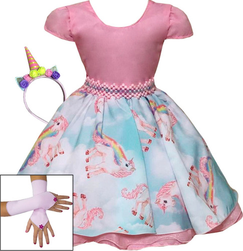 Vestido Unicórnio Rosa Cute Festa Infantil Tiara E Luvas