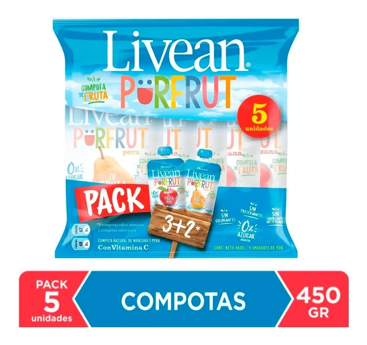 Pack 5 Pures Compotas Livean 90g (3 Manzana + 2 Pera)