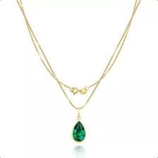 Cordão Veneziana Ouro 18k 40cm Gota Verde Esmeralda
