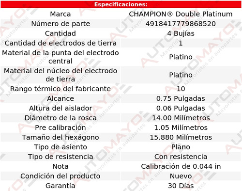 Kit 4 Bujas Doble Platino Champion Rocky 1.6l 4 Cil 90-92 Foto 2