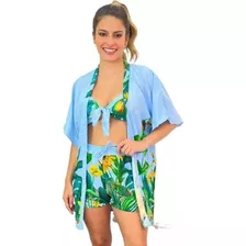 Conjunto Estampas Florals 3 Peças Short + Cropped + Kimono 