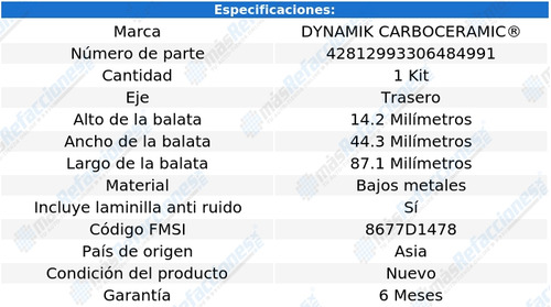 Balatas Bajos Metales Traseras 145 L4 1.8l 96 Al 00 Dynamik Foto 3