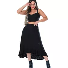 Conjunto Feminina Saia Longa Cropped Preto Malha Lesse Forro