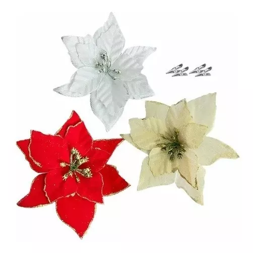 Flores Navideñas Con Clip 15cm Adorno Navidad Pack X10 