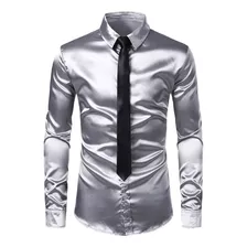 Camisa De Negocios Plateada Para Hombre, Camisa De Satén De