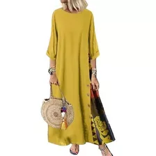 Boho Mujer 3/4 Manga Maxi Vestido Suelto Kaftan Vacaciones V