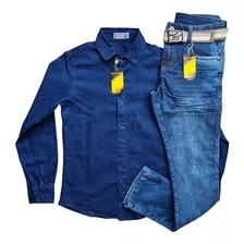 Conjunto Camisa Jeans Com Calça Jeans Masculina Infantil 