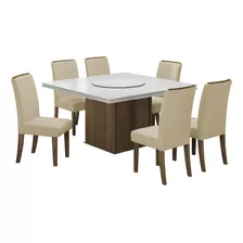 Conjunto De Mesa Sala De Jantar Com Tampo Giratório Cedro Off Cor Cedro Cor Da Tampa Off White