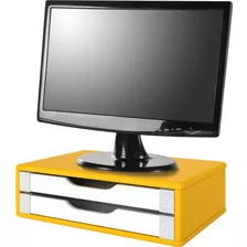 Suporte Monitor Organizador Mdf Escritório 2 Gavetas Amarelo