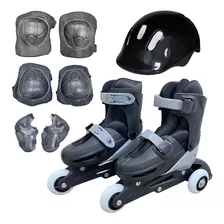 Patins 2 Em 1 Triline Ou Inline Ajustável Kit Proteção Preto