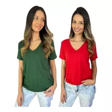 Kit 2 Blusas Feminina Camiseta Gola V Lisa Cores Manga Curta