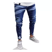 Pantalones Chinos Azul Marino Hombre Con Agujeros Rasgados